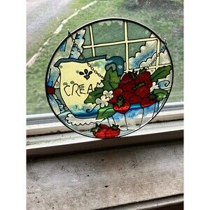 Vintage 6.5” Glass Window Art Suncatcher Strawberries And Cream Farmhouse Core